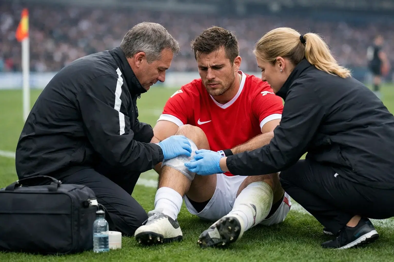 Joueur de football blessé soigné par le staff médical