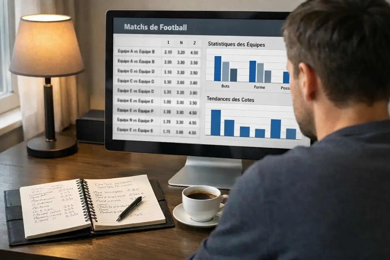 Personne analysant les cotes de paris sur un écran d'ordinateur avec des statistiques de football