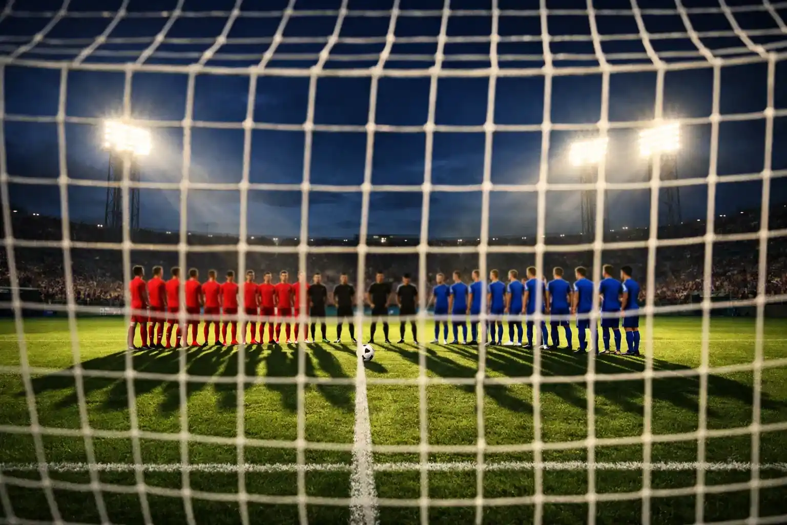 Deux équipes de football face à face sur un terrain de foot avant le coup d'envoi d'un match