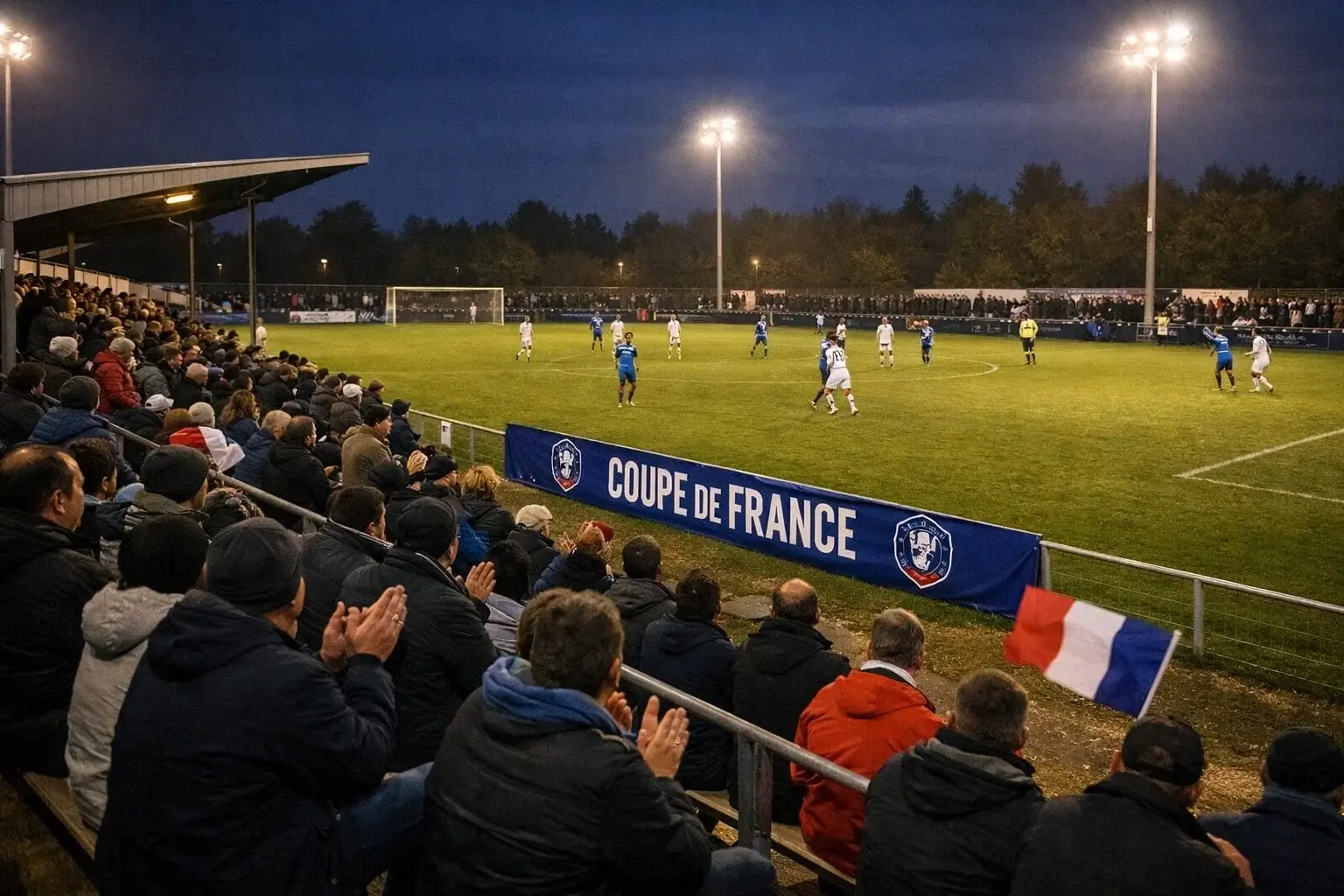 Petit stade de Coupe de France avec ambiance populaire