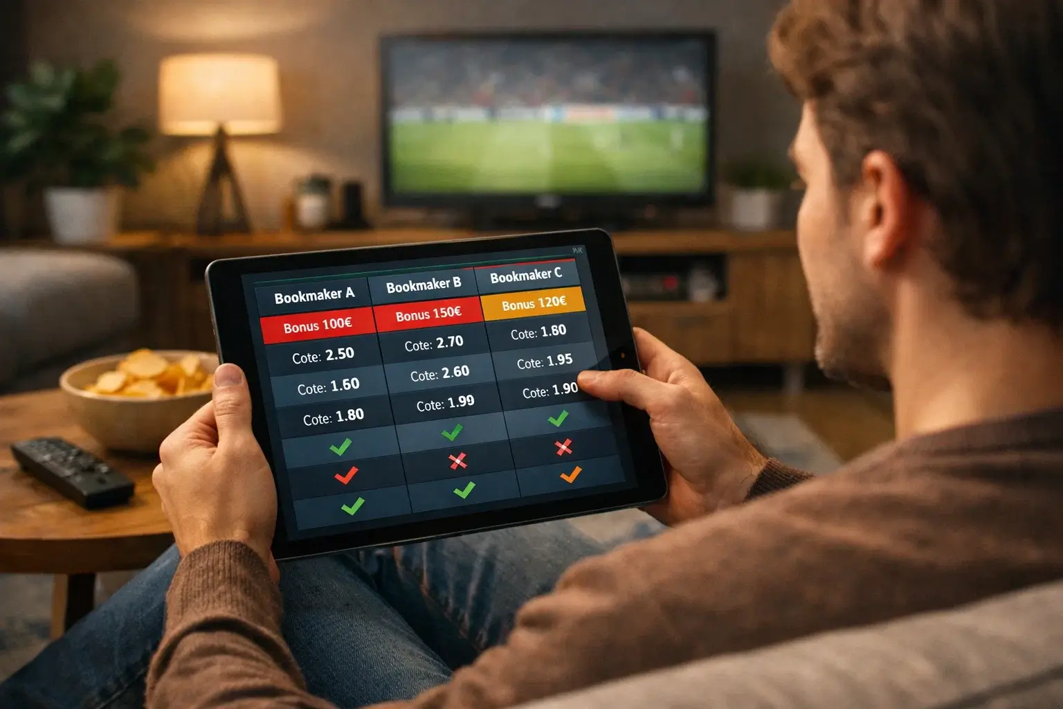 Personne comparant les offres de bookmakers sur tablette