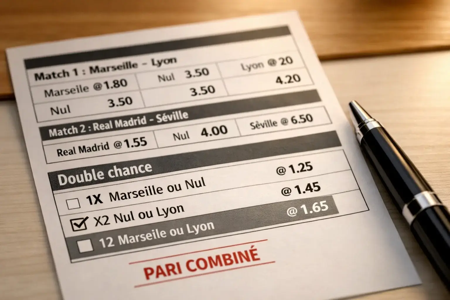 Bulletin de pari sportif avec option double chance cochée