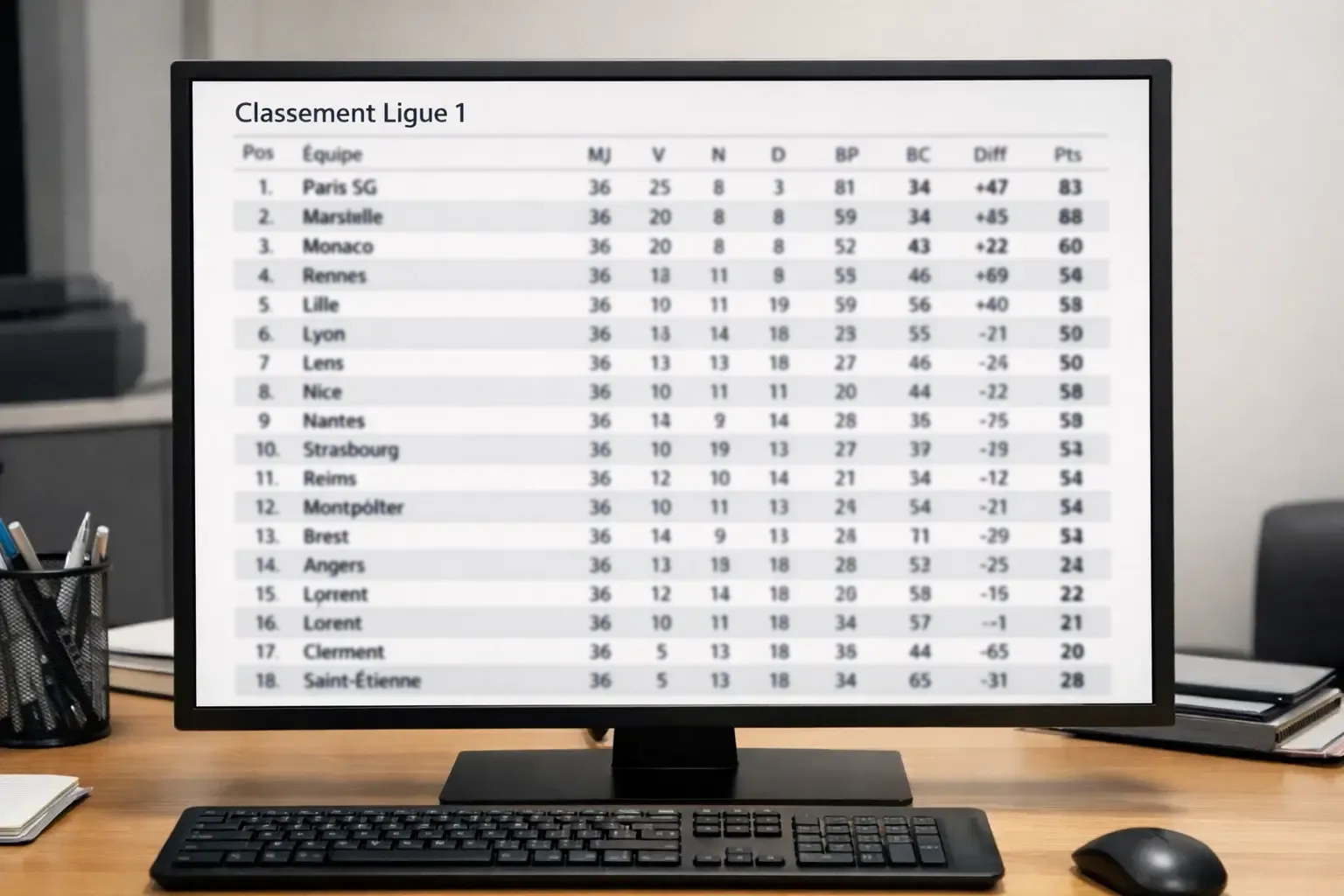 Tableau de classement de Ligue 1 affiché sur écran