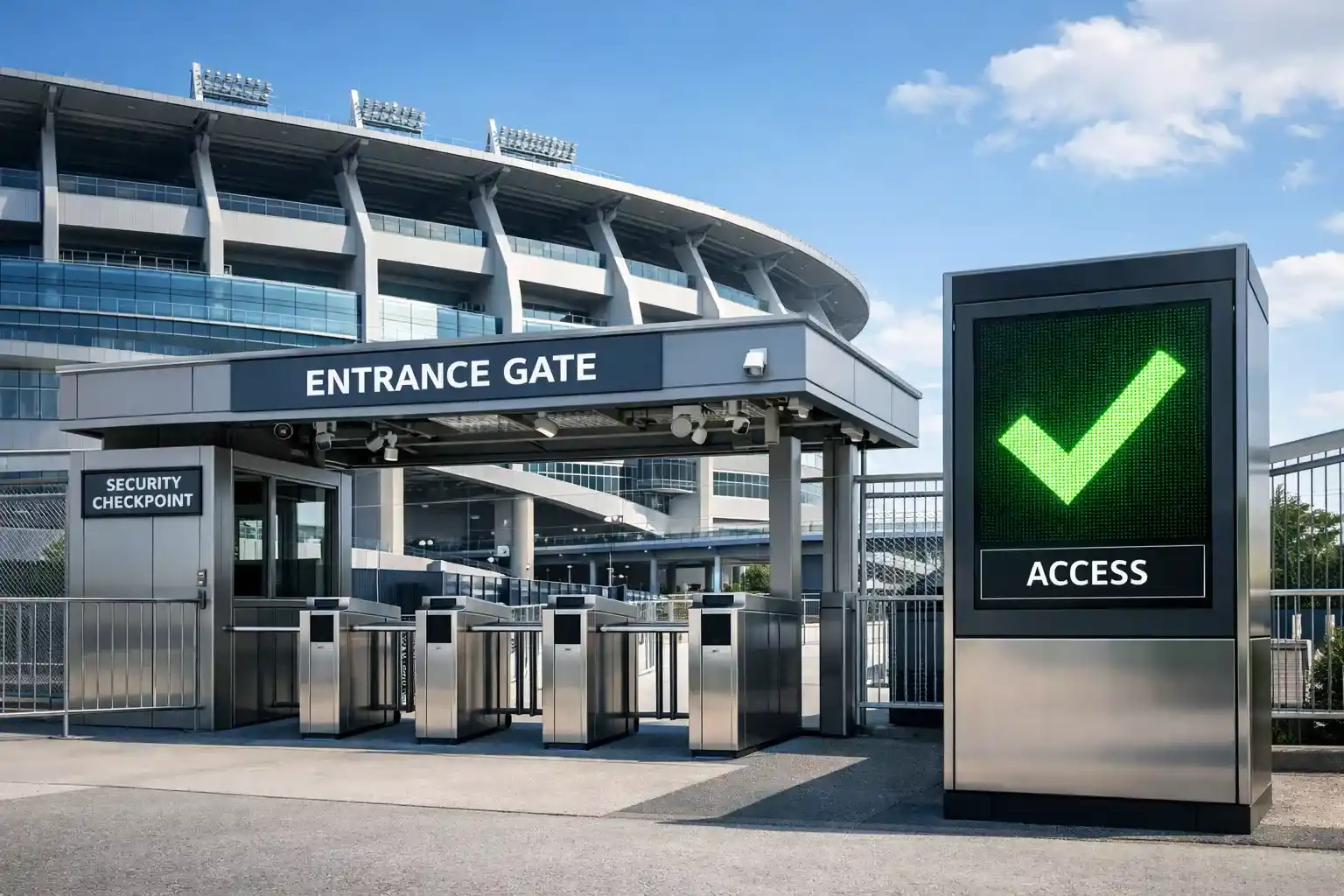 Bouclier de sécurité avec un symbole de vérification devant l'entrée d'un stade de football