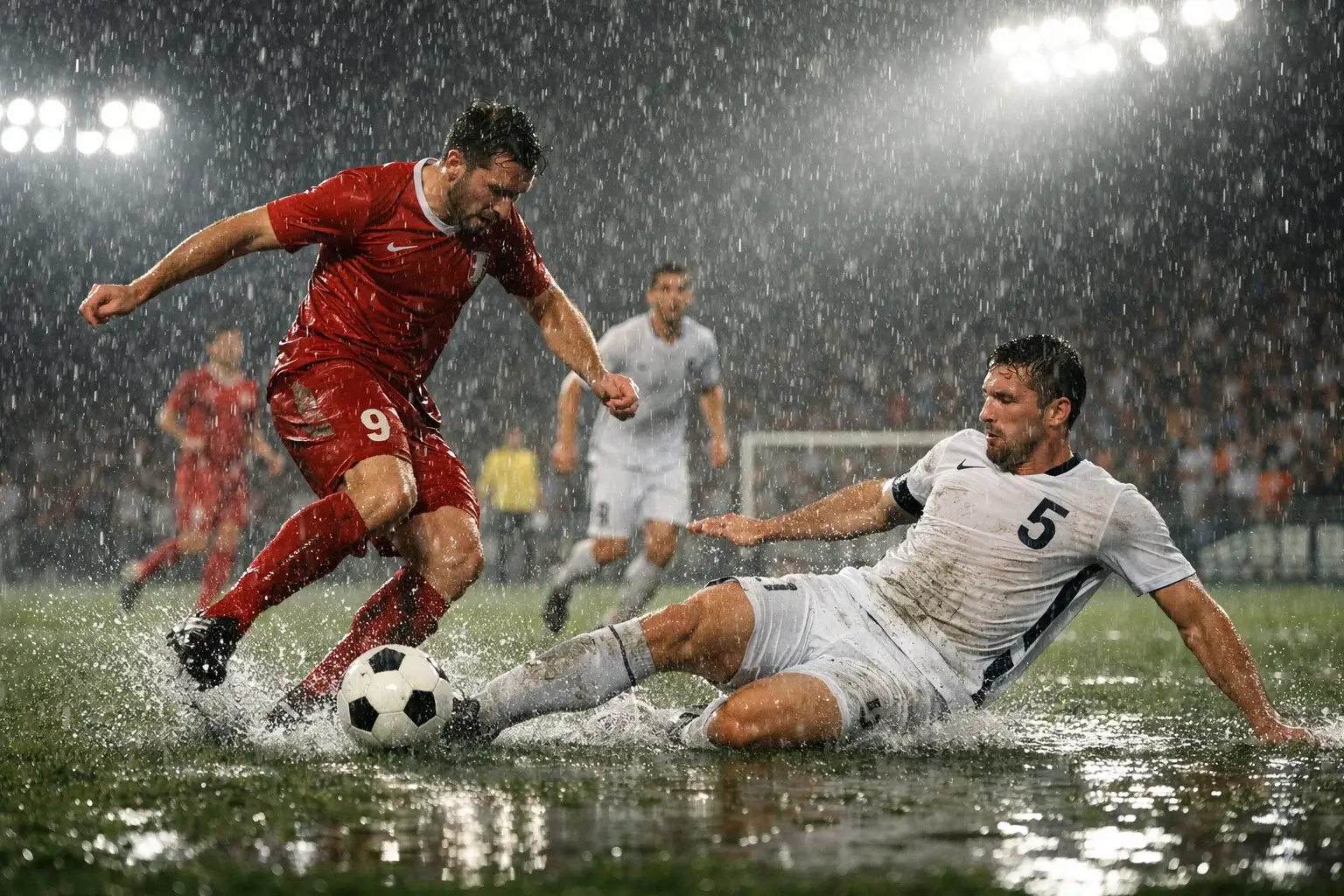 Match de football joué sous la pluie battante