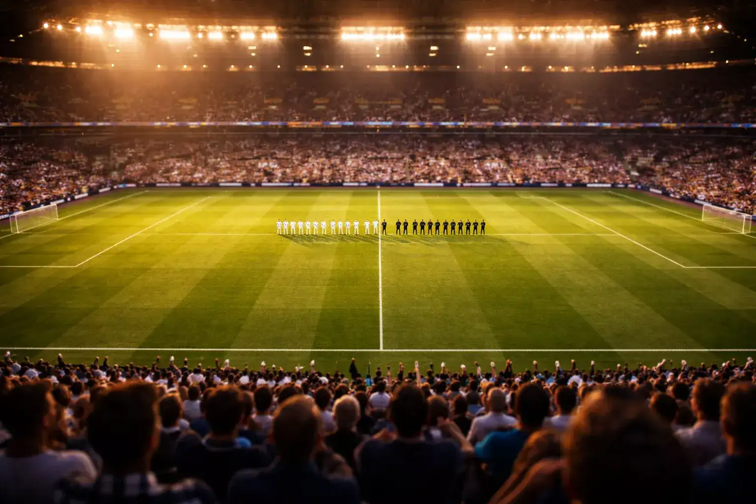 Vue panoramique d'un terrain de football depuis les tribunes avec deux équipes alignées avant le coup d'envoi