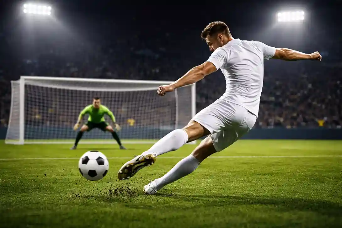 Attaquant de football frappant le ballon devant le but adverse lors d'un match en nocturne