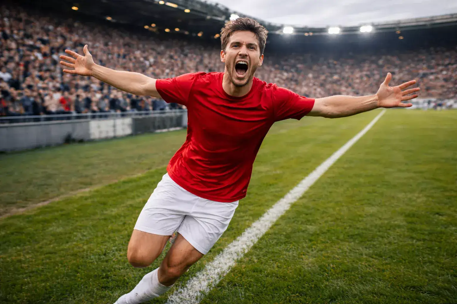 Joueur de football célébrant un but en courant le long de la ligne de touche d'un stade illuminé