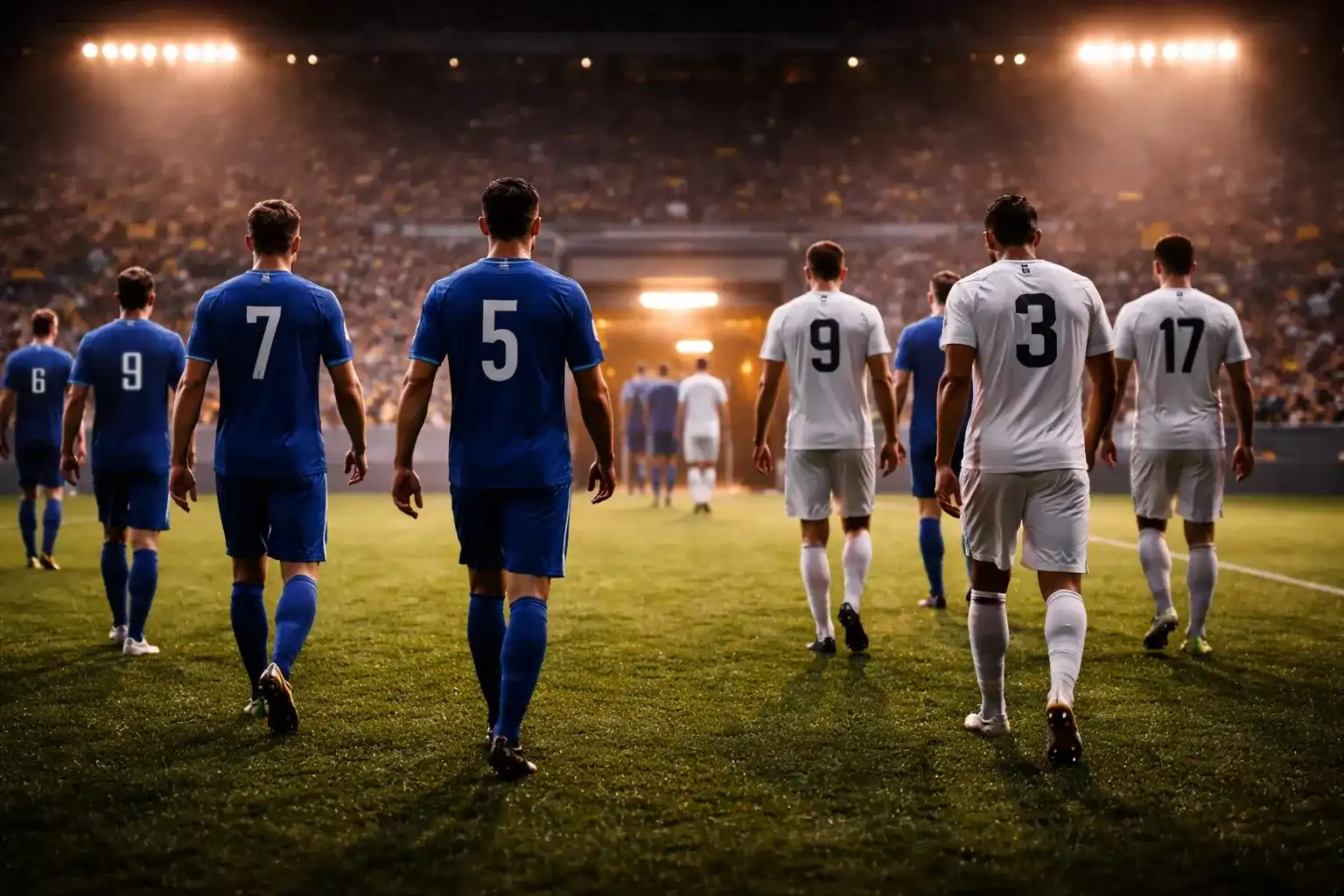 Joueurs de football regagnant le tunnel à la mi-temps sous les projecteurs du stade