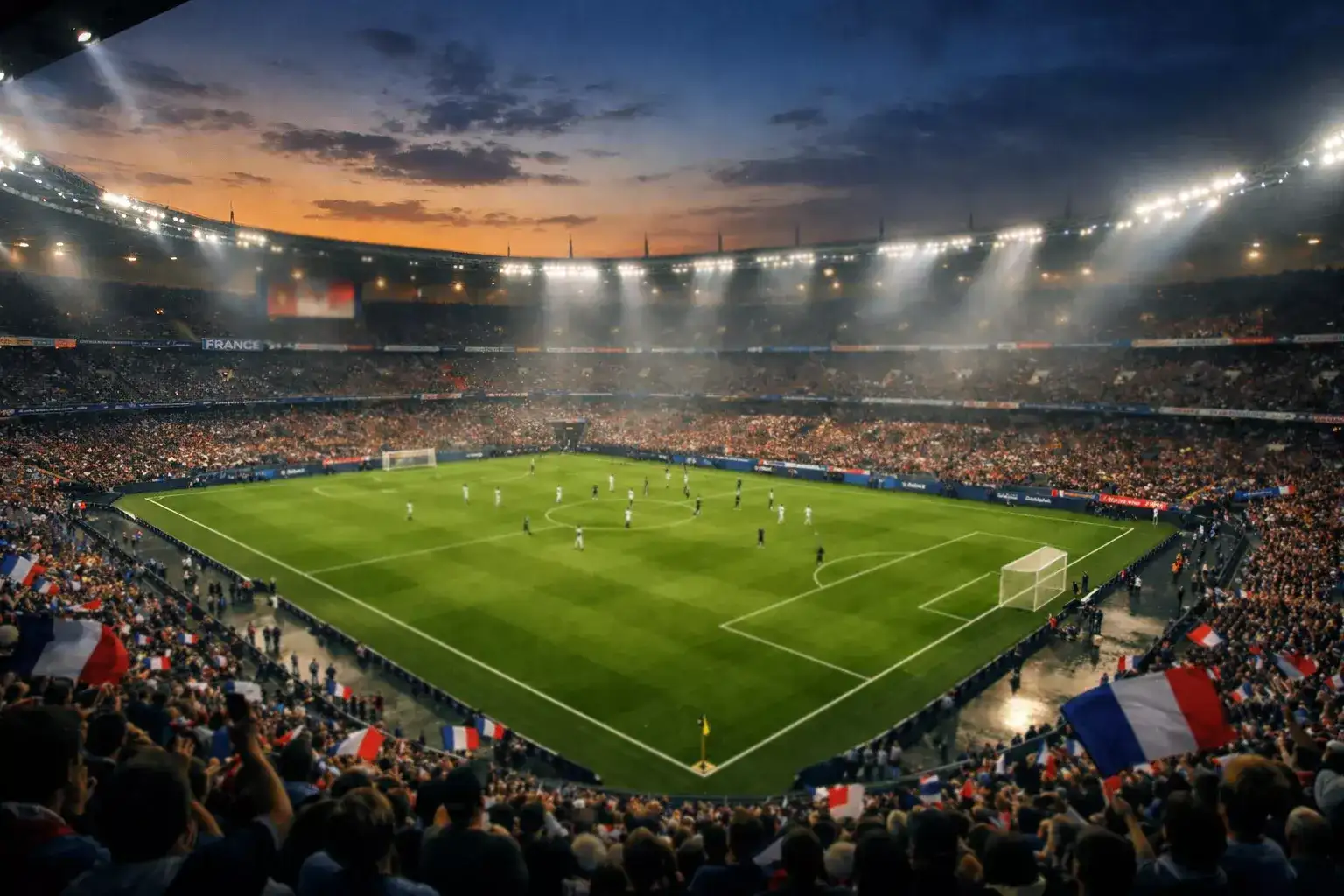 Stade de football français illuminé en soirée avec un terrain de Ligue 1 vu depuis les tribunes