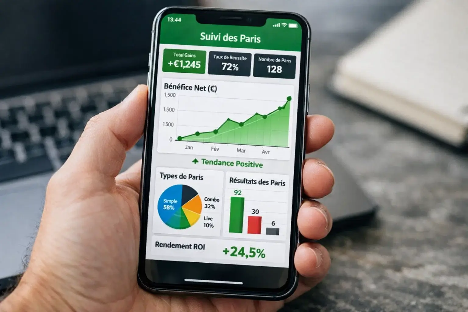 Application de suivi de paris affichant graphiques de performance