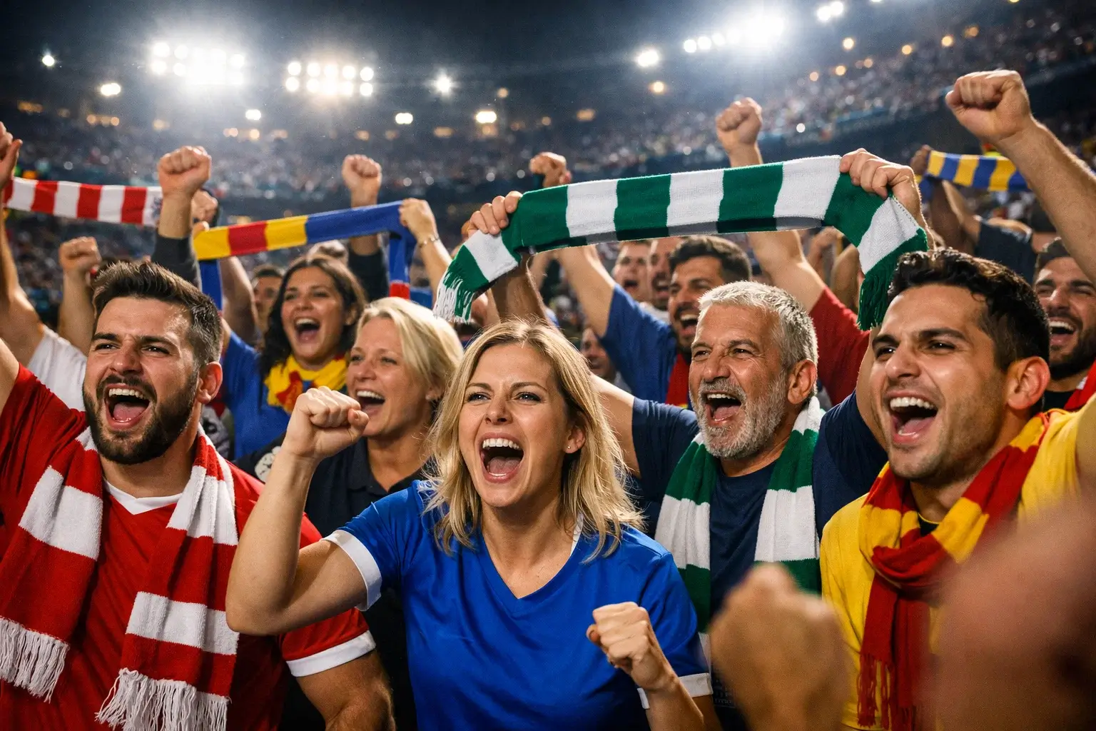 Supporters dans un stade lors d'un match de Ligue des Champions avec drapeaux et écharpes