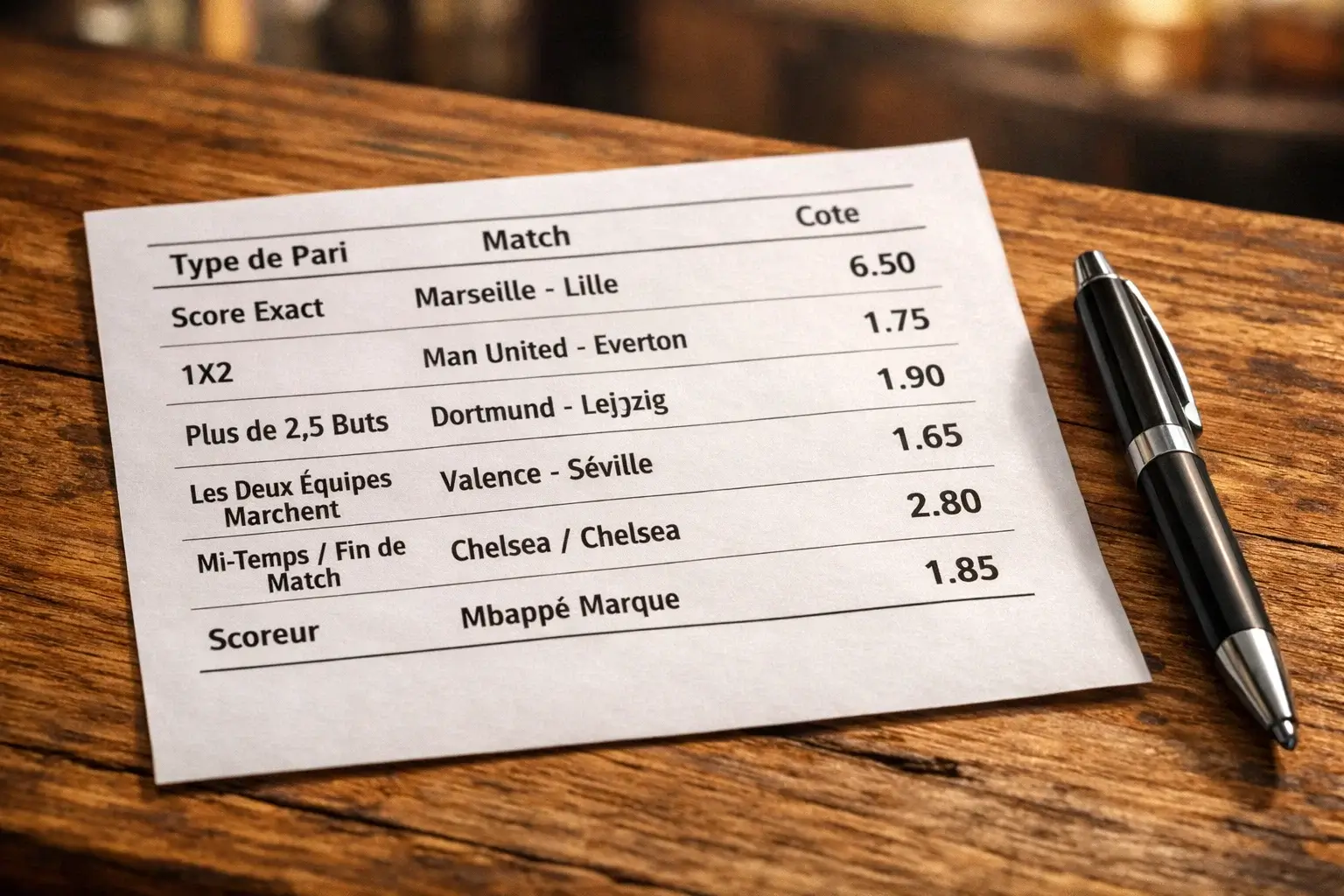 Ticket de paris sportif avec différents types de paris football affichés