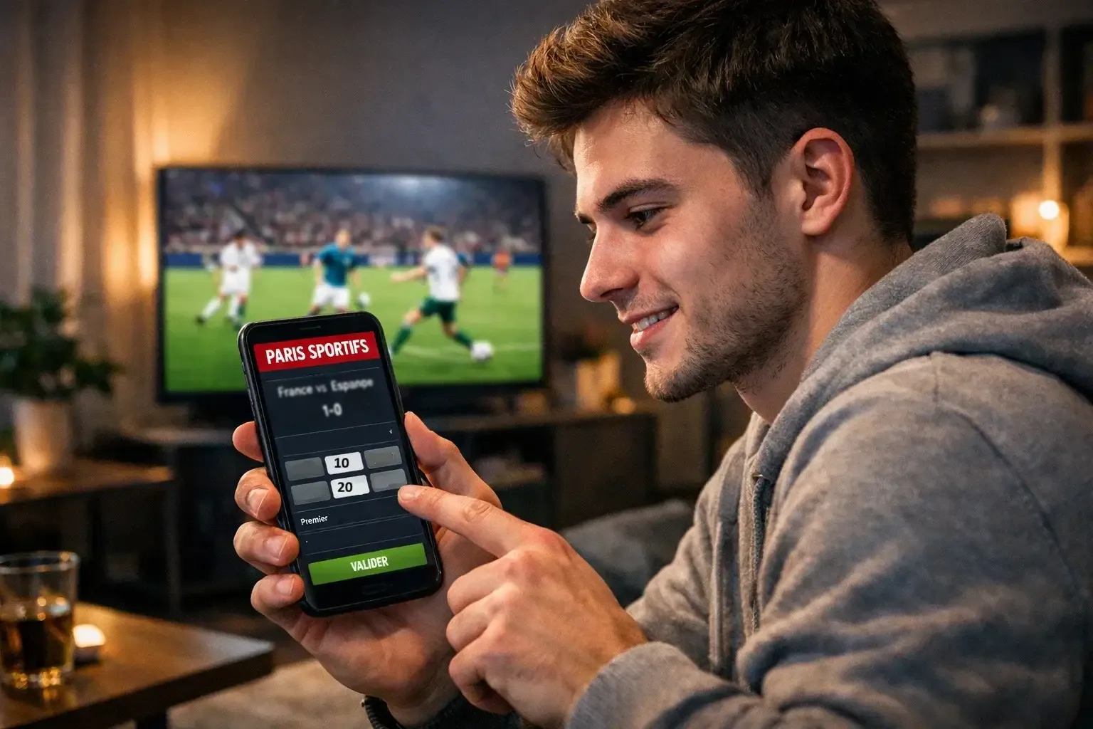 Jeune parieur utilisant une application mobile moderne de paris